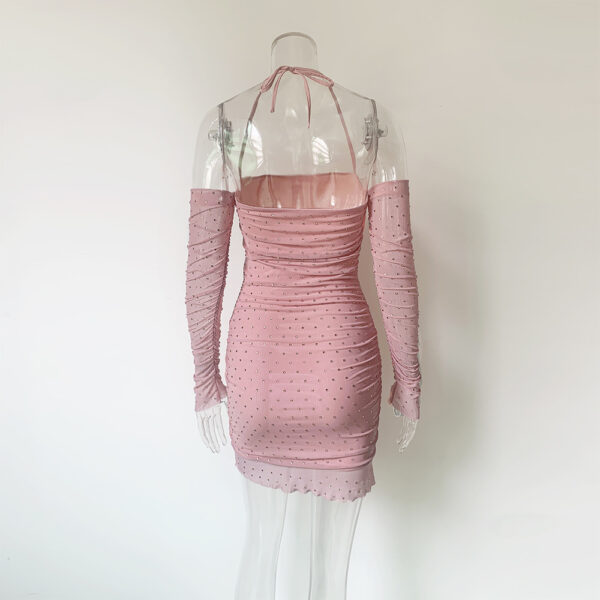 Stretch Gauzy Off-the-shoulder Rhinestone Long Sleeve Dress - Image 8