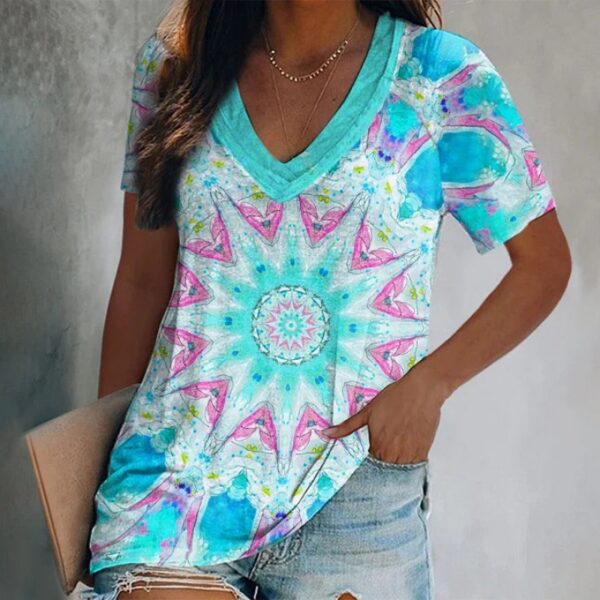 Women's Fashion V-neck Short Sleeve T-shirt 3D Digital Printing Short Sleeve T-shirt - Image 2
