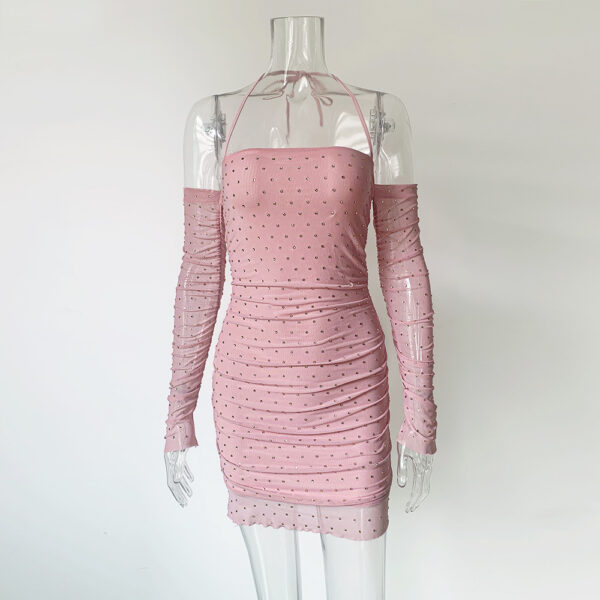 Stretch Gauzy Off-the-shoulder Rhinestone Long Sleeve Dress - Image 6