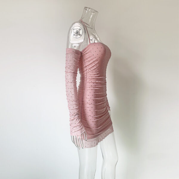 Stretch Gauzy Off-the-shoulder Rhinestone Long Sleeve Dress - Image 9